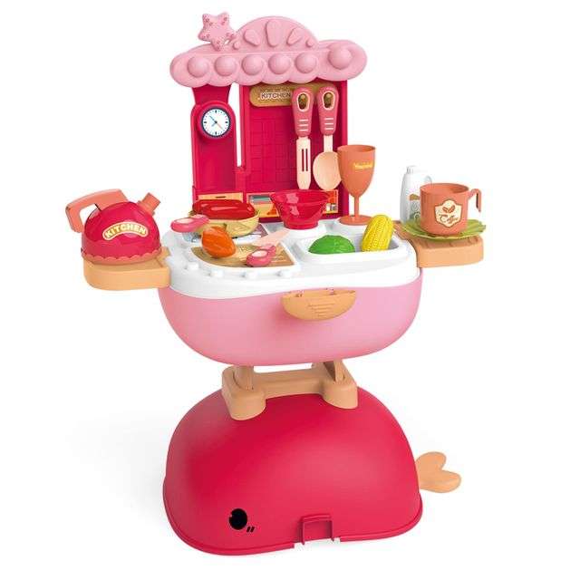 3-in-1 Foldable Kitchen Role Play Set for Girls  30-Piece Pretend Cooking Toy with Portable Wh...