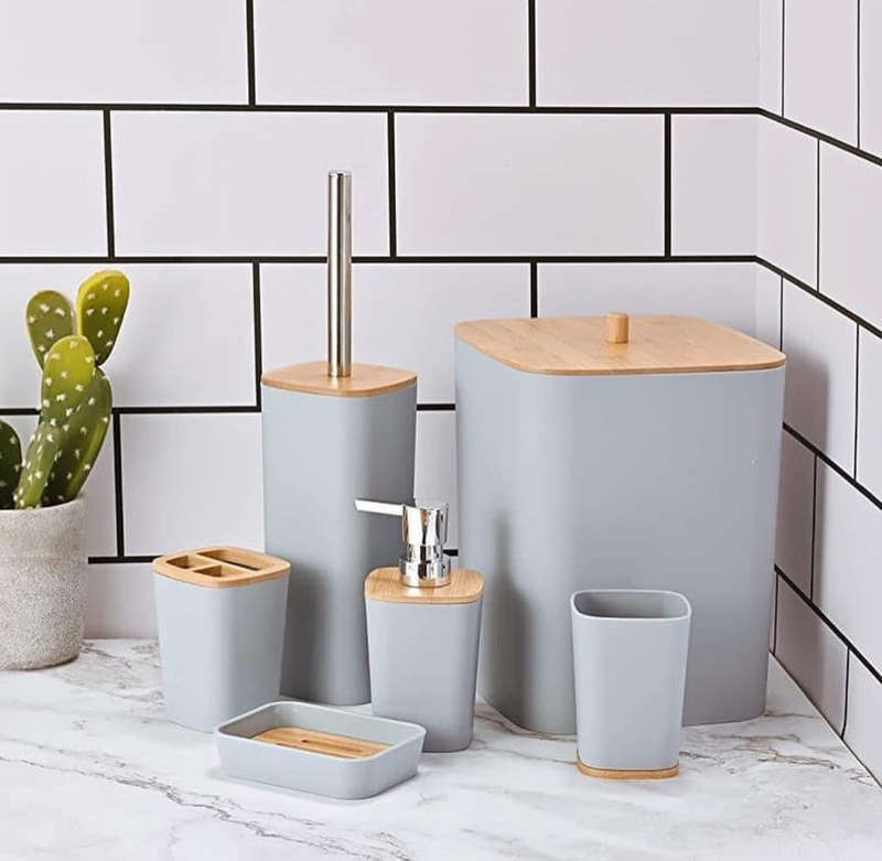 Luxurious 6-Piece Bathroom Accessories Set With Wooden Lid