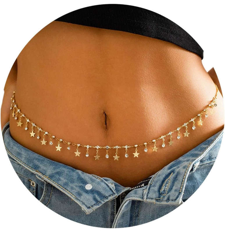Rhinestone Belly Chain Gold Body Chains for Women Star Waist Chain Crystal Belly Chains for the W...