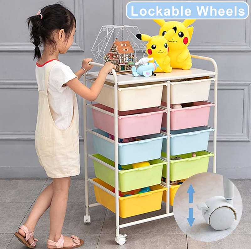 10 Drawers Rolling Storage Cart, Plastic Drawer Cart with Metal Frame, Multipurpose Art Craft Car...