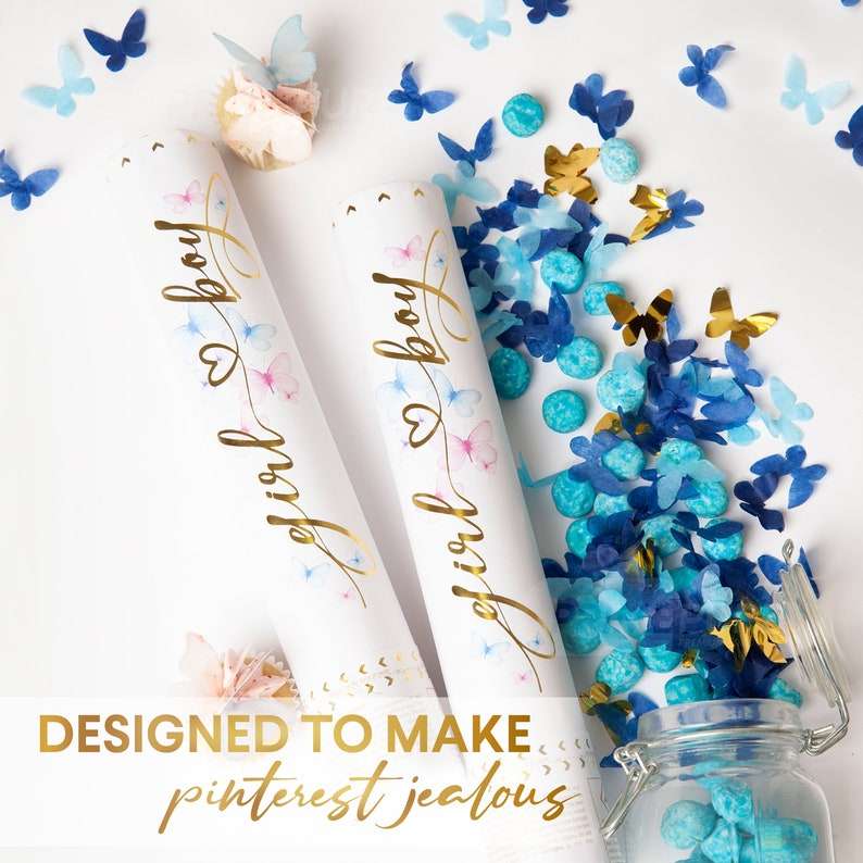 MParty Premium Gender Reveal Confetti Cannon - Set Of 2 - Butterfly Confetti In Pink or Blue, Fo...