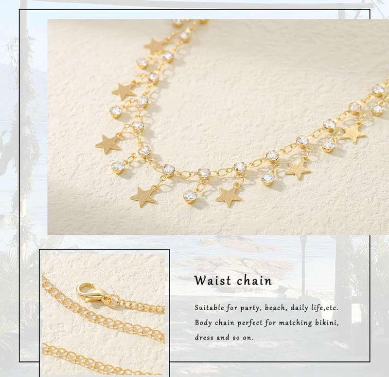 Rhinestone Belly Chain Gold Body Chains for Women Star Waist Chain Crystal Belly Chains for the W...