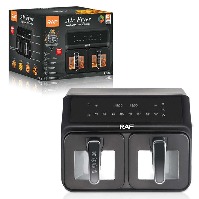RAF Two Pan Digital Air Fryer 2200W Power 9 Programs Professional Air Fryer Black Color