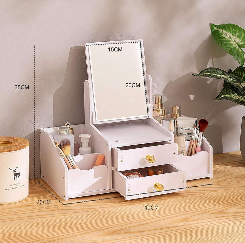 Mbeauty Makeup Organiser with Mirror, White Plastic Cosmetic Organiser With Drawers, Cosmetic Di...