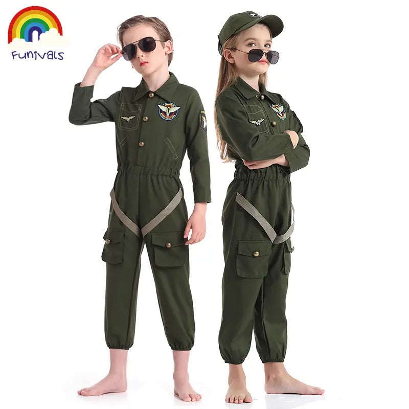 Kids Air Force Fighter Costume Children Pilot Jumpsuit Carnival Party Cosplay Roleplay Costumes D...