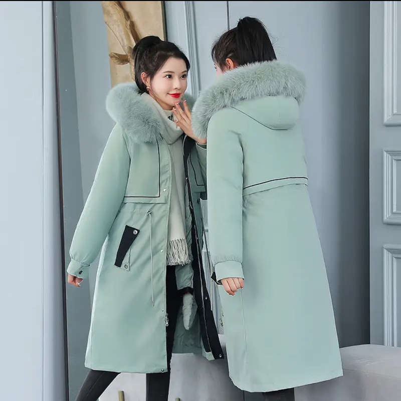 Winter Warm Women Long Parka Fur Collar Cotton Hooded Jacket