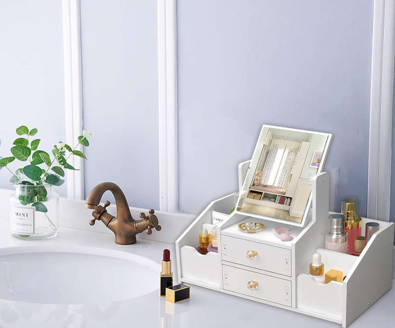 Mbeauty Makeup Organiser with Mirror, White Plastic Cosmetic Organiser With Drawers, Cosmetic Di...