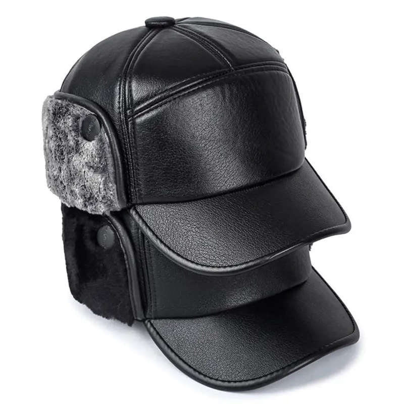Winter Baseball Cap Plush Cotton Leather Hat Warm Baseball Cap Ear Protection - Unisex