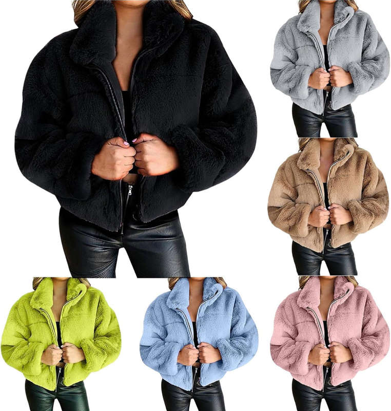 MWearWomens Cropped Faux Fur Coat Oversized Stand Collor Open Front Cardigan Zip Up Shrug Winter...