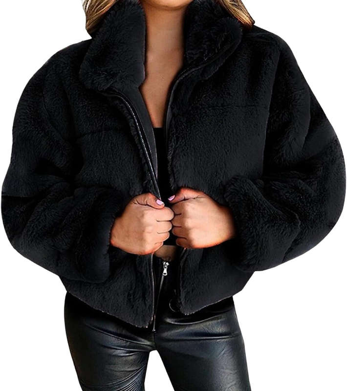 MWearWomens Cropped Faux Fur Coat Oversized Stand Collor Open Front Cardigan Zip Up Shrug Winter...