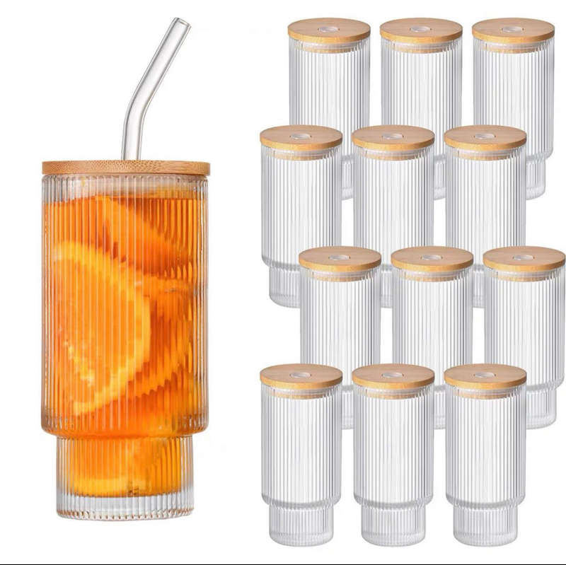 Stackable Ribbed Glass With Bamboo Lid & Straw (2 pack)