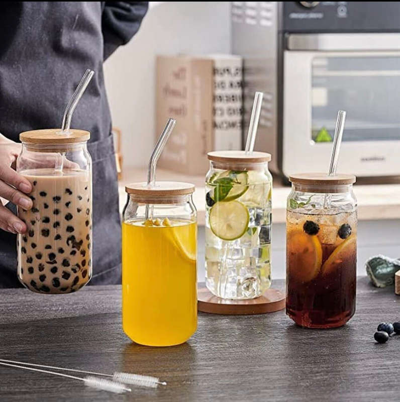 Drinking Glass With Bamboo Lid/Glass Straw