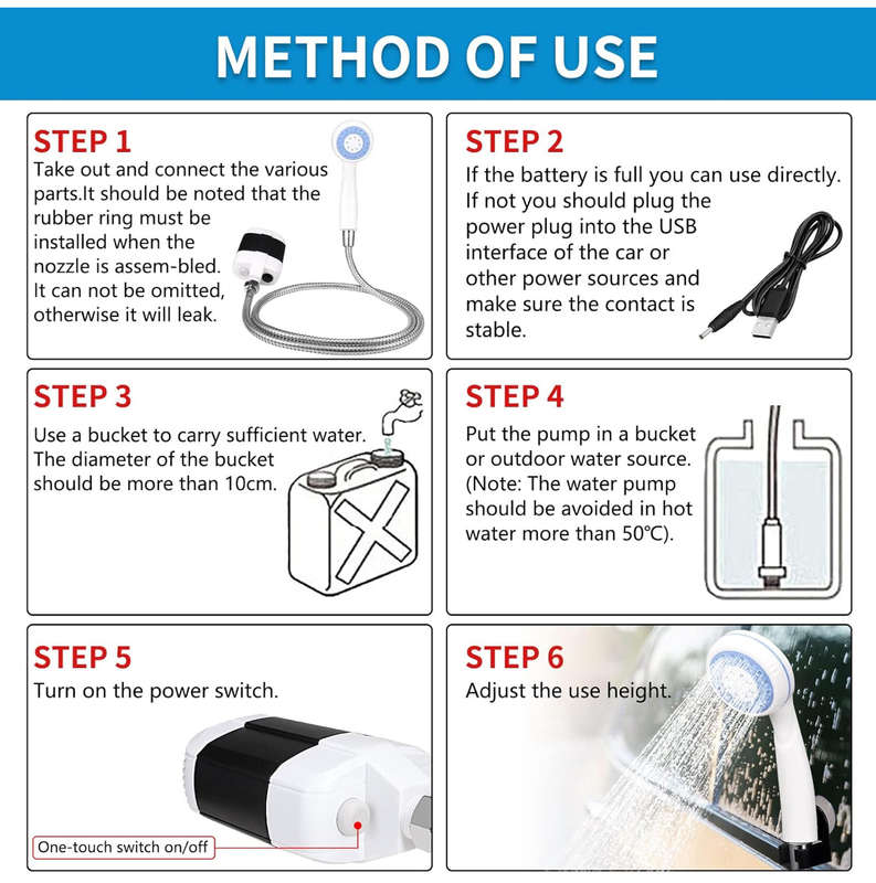 Portable Camp Shower, USB Rechargeable Outdoor Camping Shower Pump, Portable Outdoor Shower Head-...