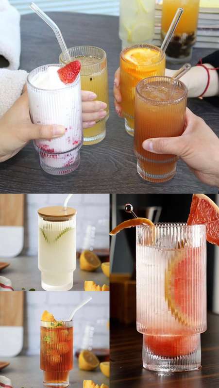 Stackable Ribbed Glass With Bamboo Lid & Straw (2 pack)