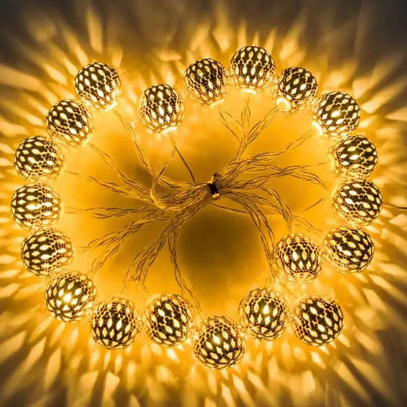 Christmas Battery Power LED Golden Moroccan Ball Garland Lights Outdoor Fairy String Lights Chris...