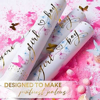 MParty Premium Gender Reveal Confetti Cannon - Set Of 2 - Butterfly Confetti In Pink or Blue, Fo...