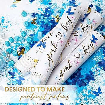 MParty Premium Gender Reveal Confetti Cannon - Set Of 2 - Butterfly Confetti In Pink or Blue, Fo...