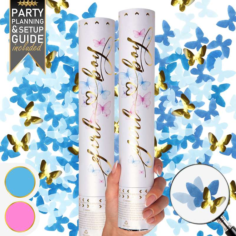 MParty Premium Gender Reveal Confetti Cannon - Set Of 2 - Butterfly Confetti In Pink or Blue, Fo...