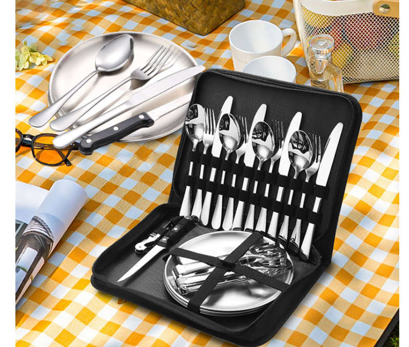 Camping Cutlery Set For 4 People  Portable Stainless Steel Flatware With Pouch