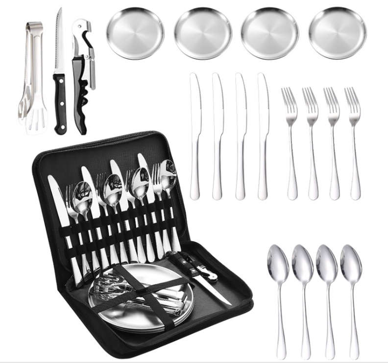 Camping Cutlery Set For 4 People  Portable Stainless Steel Flatware With Pouch