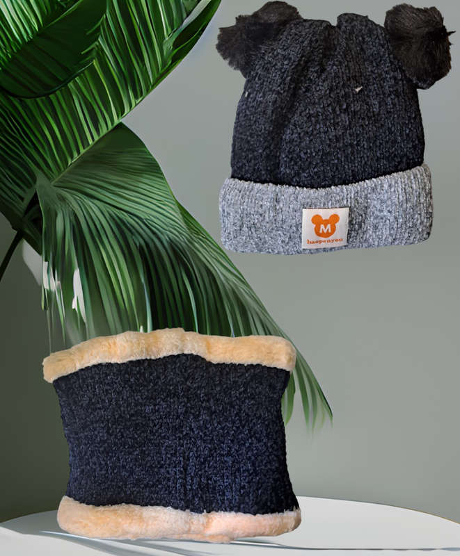 Baby Toddler Warm Fluffy Beanie Hat & Scarf Set  Winter Woolen Cap for Boys & Girls