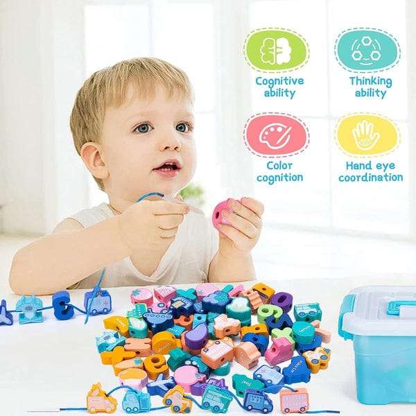 Wooden Blocks Lacing Beads Toy Puzzle Sorting Educational 60 Block Beads