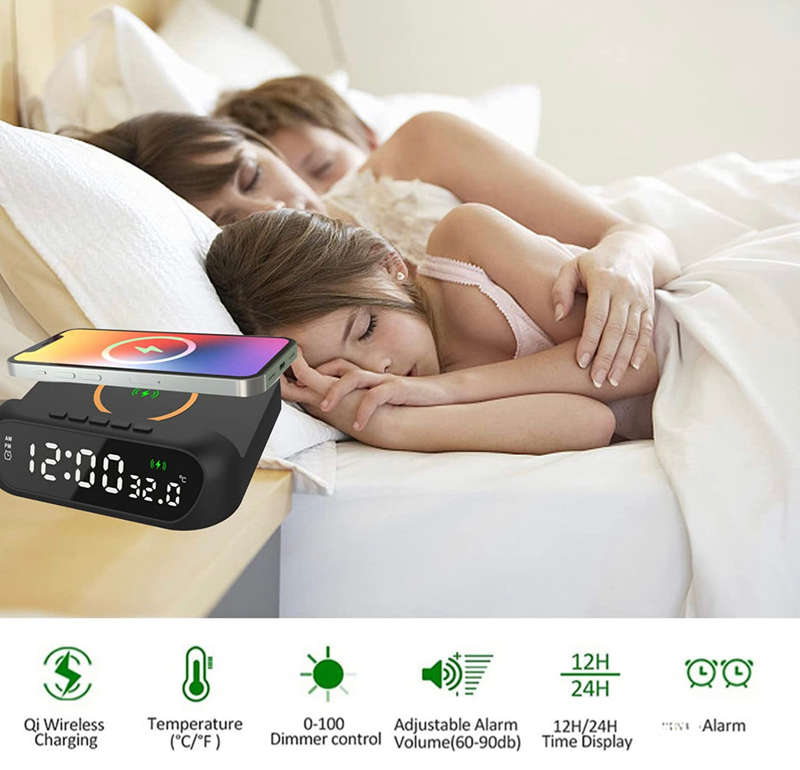 3 In-1 15W Wireless Charger Clock LED Digital Display Alarm Clock Temperature Display Wireless Ch...