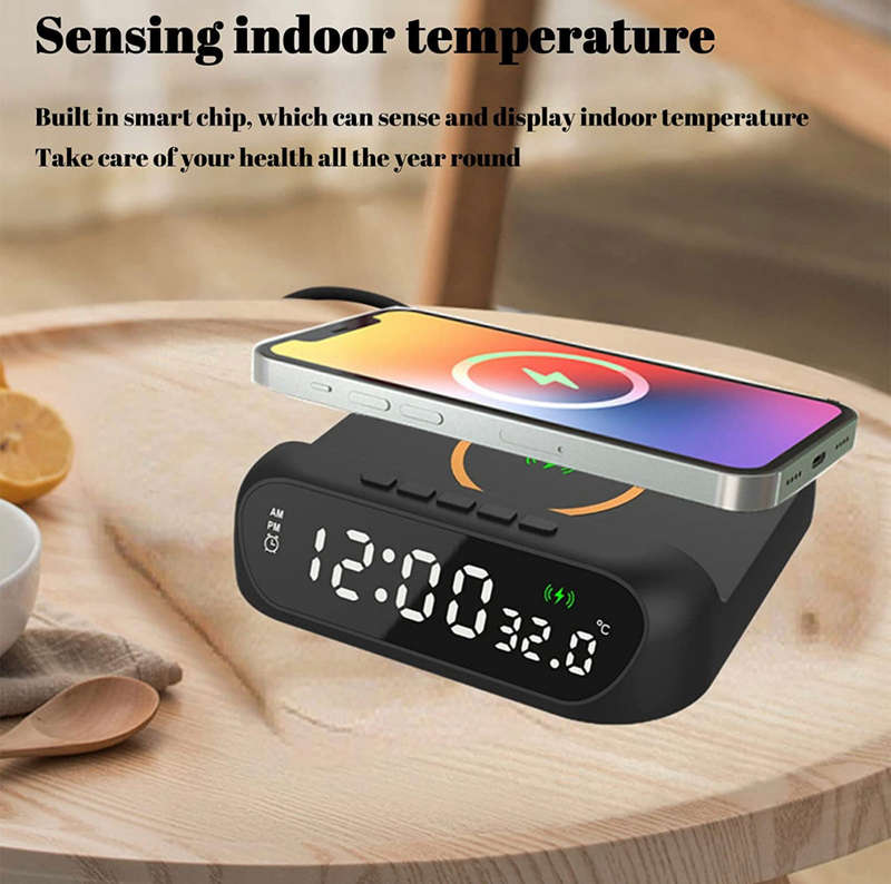 3 In-1 15W Wireless Charger Clock LED Digital Display Alarm Clock Temperature Display Wireless Ch...