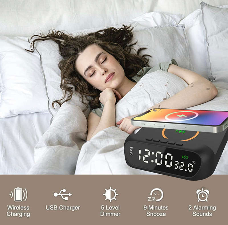 3 In-1 15W Wireless Charger Clock LED Digital Display Alarm Clock Temperature Display Wireless Ch...