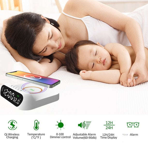 3 In-1 15W Wireless Charger Clock LED Digital Display Alarm Clock Temperature Display Wireless Ch...