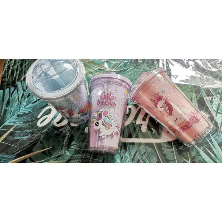 450ml Unicorn Double layer Plastic Cup with Straw