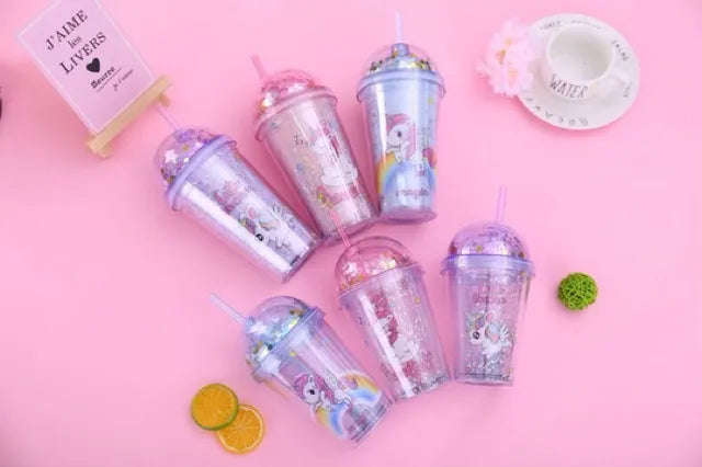 450ml Unicorn Double layer Plastic Cup with Straw