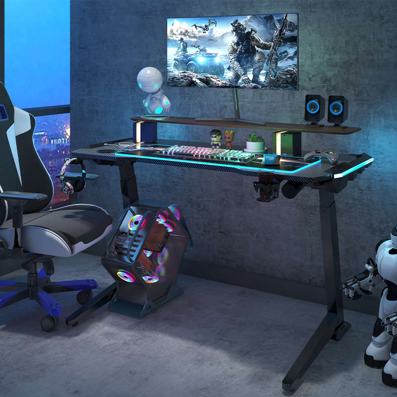 Angled Electric Height Adjustable Gaming Desk With RGB Lighting