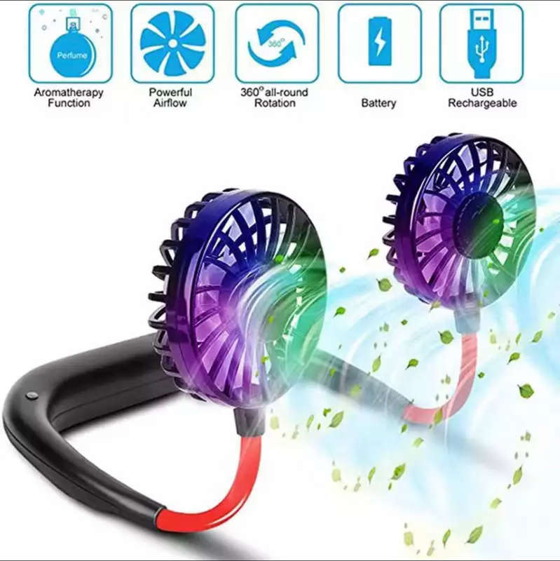 USBPortable Fan Cold Fan Hands Free Neck Fan Hanging Rechargeable Mini Sports Fa - Blue