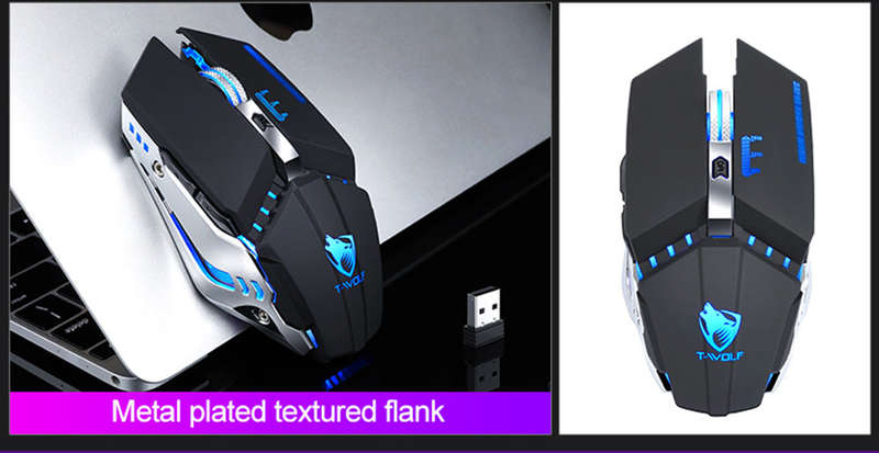 T-wolf Q15 Wireless Gaming Mouse Rechargeable Silent Colorful Light - Black Tech