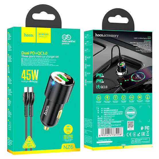 Hoco NZ6 PD+QC 3.0 3 Port 45W Car Charger With Type C To Lightning Cable