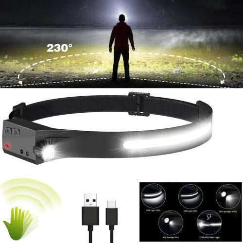 LED Motion Sensor Headlamp USB Rechargeable Headlight Torch Flashlight