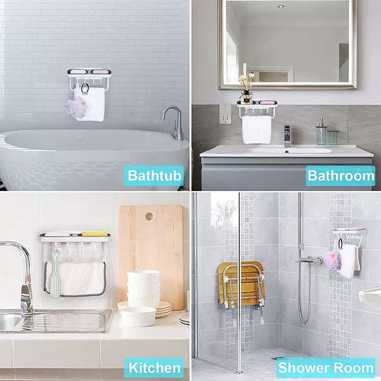 Soap Box Soap Holder Drain Soap Box Double Sponge Holder Tray with 3 Hooks