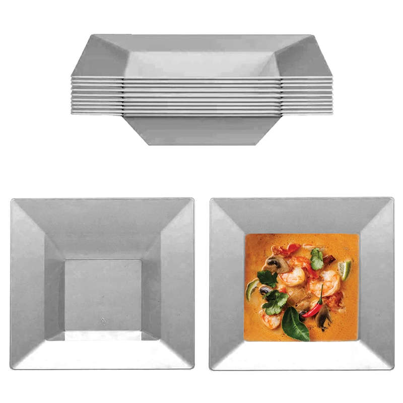 Silver Plastic Square Bowls - Disposable or Reusable - 2Pack