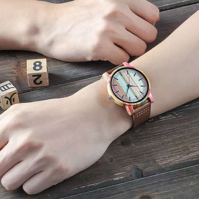 Womens Luxury Wood Dial/Leather Strap Watch