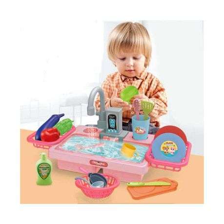 Toddler Kitchen Pretend Dishwashing Sink Set with Dishes Toy - Pink