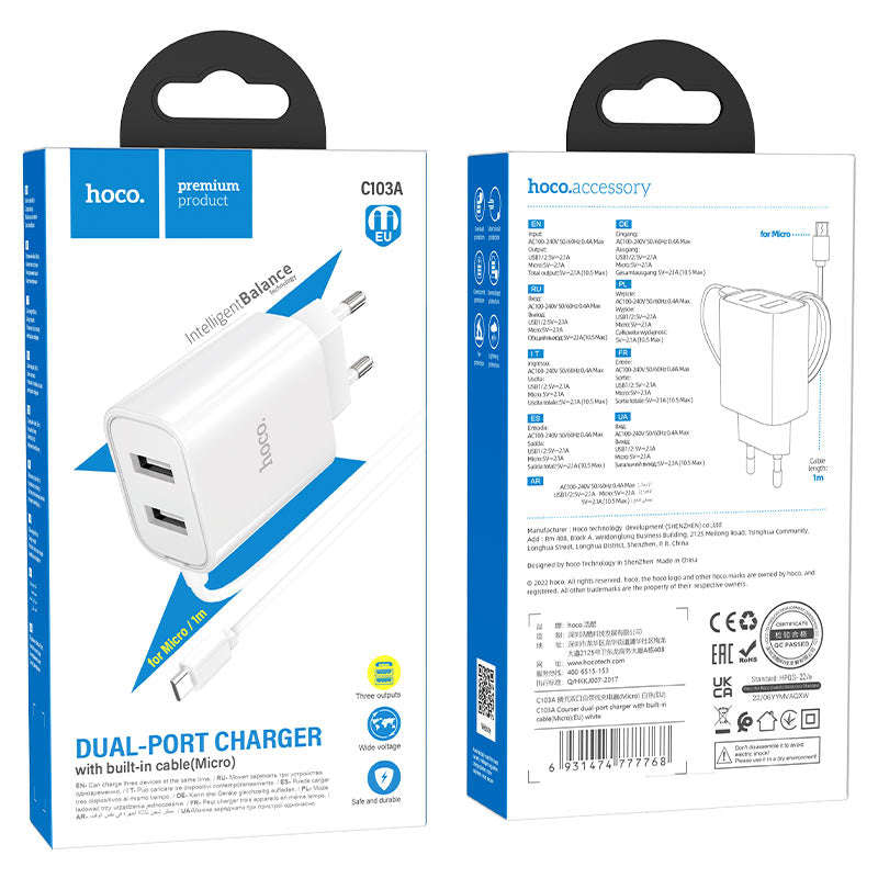 Wall charger C103A Courser EU dual-port with built-in cable