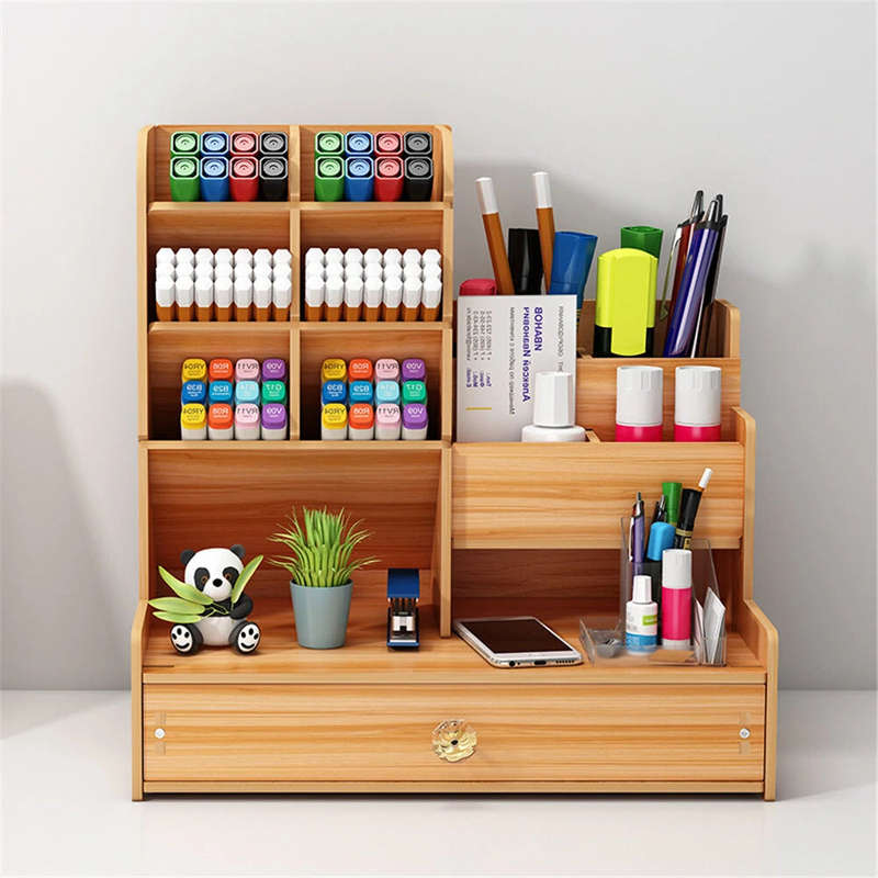 Wooden Desk Organizer Storage Box Modern Student Desktop Pen Rack Office Supplies Multi-functiona...