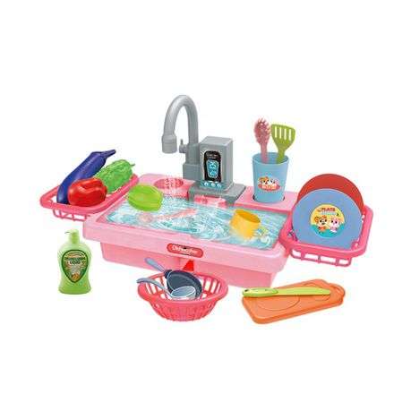 Toddler Kitchen Pretend Dishwashing Sink Set with Dishes Toy - Pink