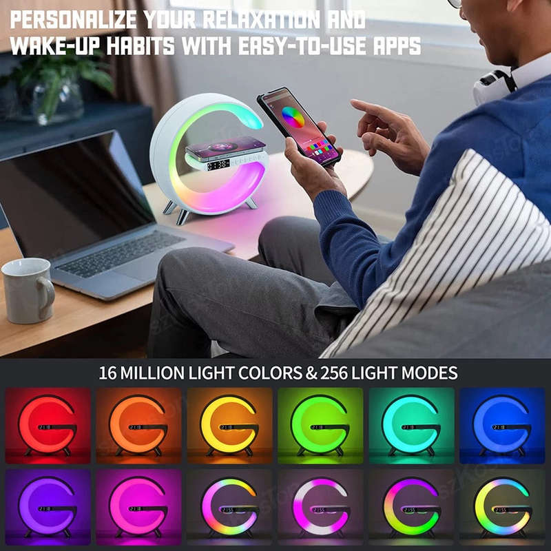 LED Night Light RGB Atmosphere Desk Lamp Multifunctional Wireless Charger Alarm Clock Speaker APP...