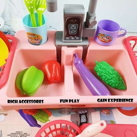 Toddler Kitchen Pretend Dishwashing Sink Set with Dishes Toy - Pink
