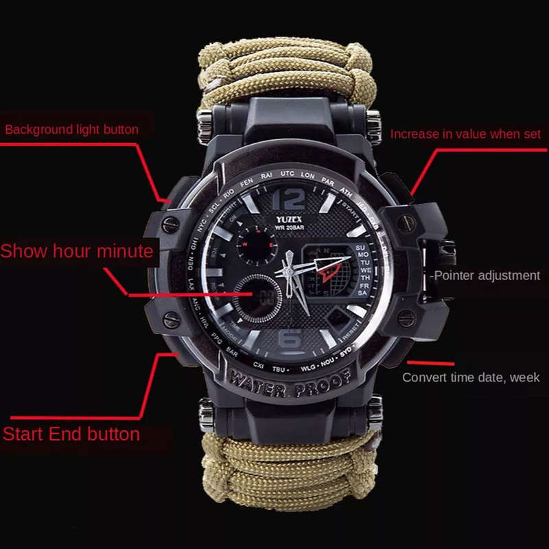 Men Outdoor Survival Military Watch Fashion Multifunctional Compass Waterproof LED Quartz
