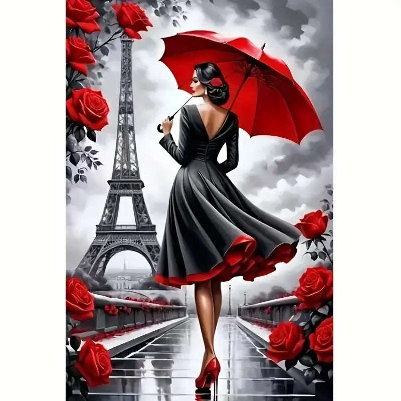 Lady in red with umbrella