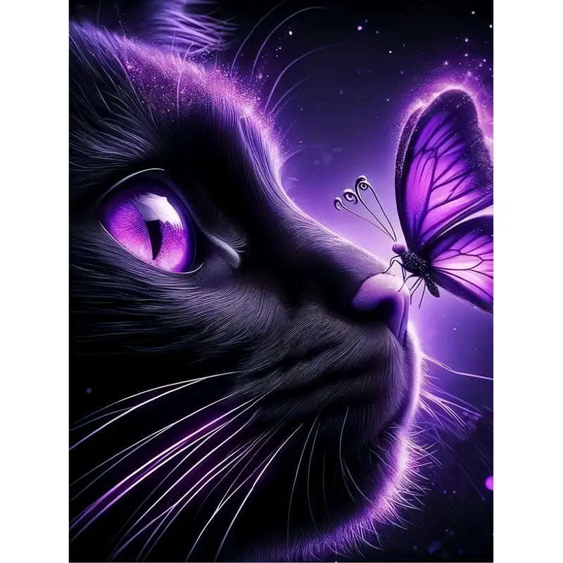 Black cat with purple butterfly