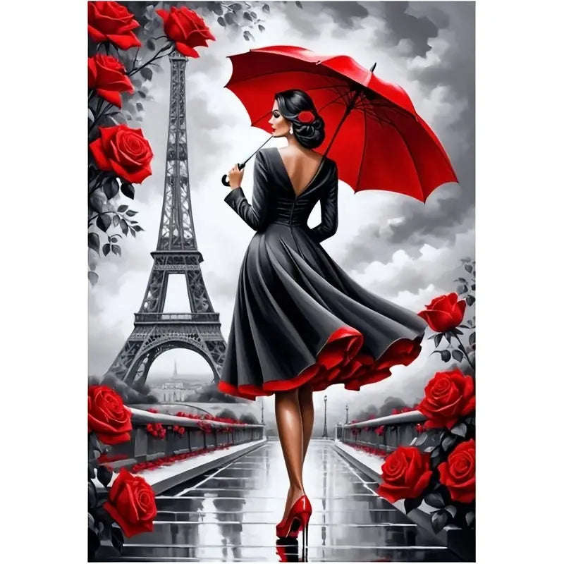 Lady in Paris with red umbrella